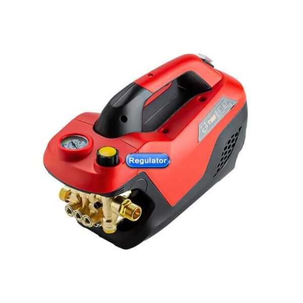 Stylish red high pressure washer with pressure regulator knob.