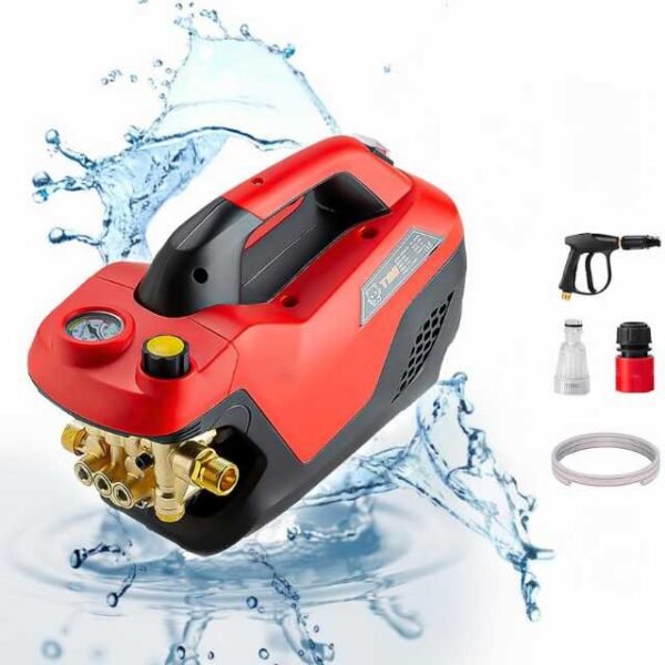 High pressure washer with accessories for car, home, and garden cleaning.