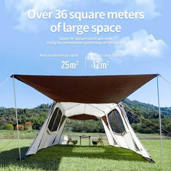 Huge camping tent with over 36 square meters of space.