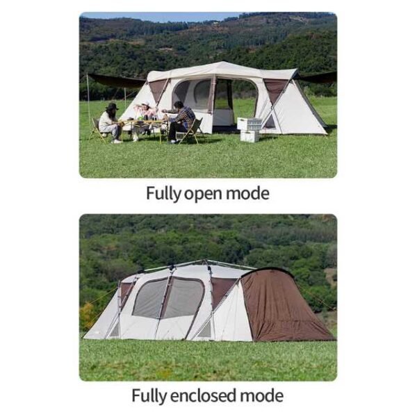 Large camping tent open and fully enclosed showing windows and doors.