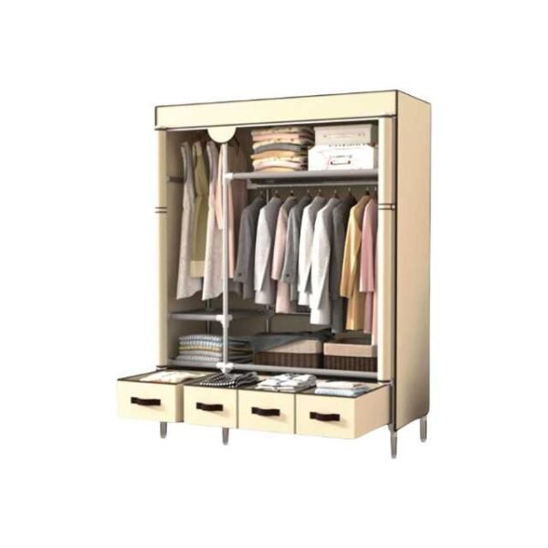 Bedroom clothes stand with four cloth drawers and closing zipper in beige.