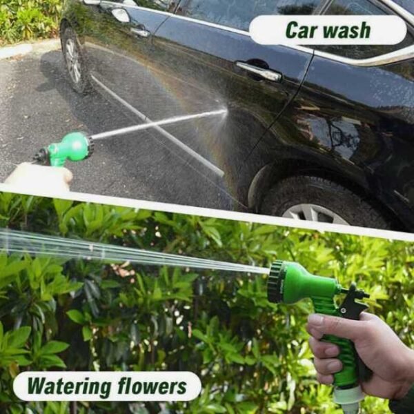 Water spraying gun seen in action washing a car and watering flowers.