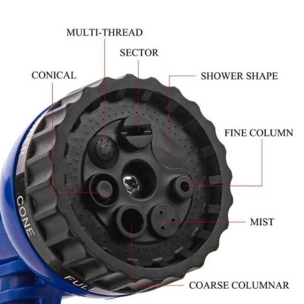 Close view of the multifunctional garden nozzle spray head with quality design and various spray patterns.