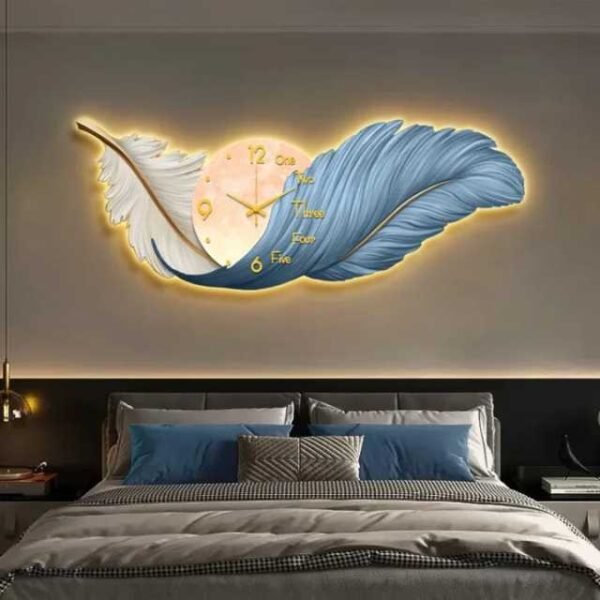 Majestic blue modern feather wall clock lighting up bedroom.