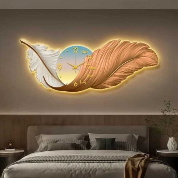 Luxurious brown modern feather wall clock with LED lights.