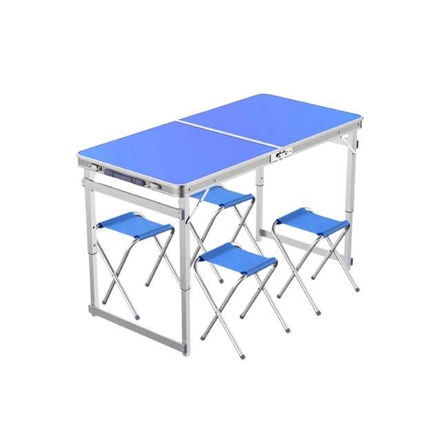 Folding picnic table set in blue with 4 foldable chairs for outdoors, camping, and garden.