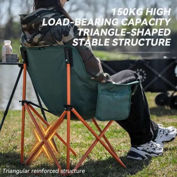 Camping chair with heavy-duty aluminum frame.