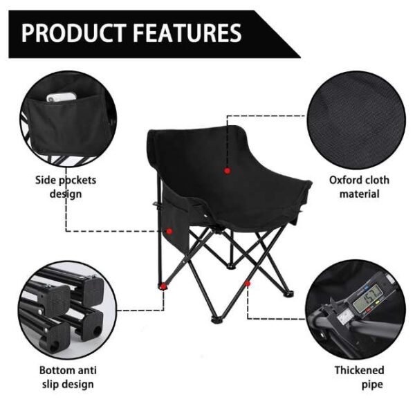 Portable camping chair highlighting side pockets and sturdy frame.