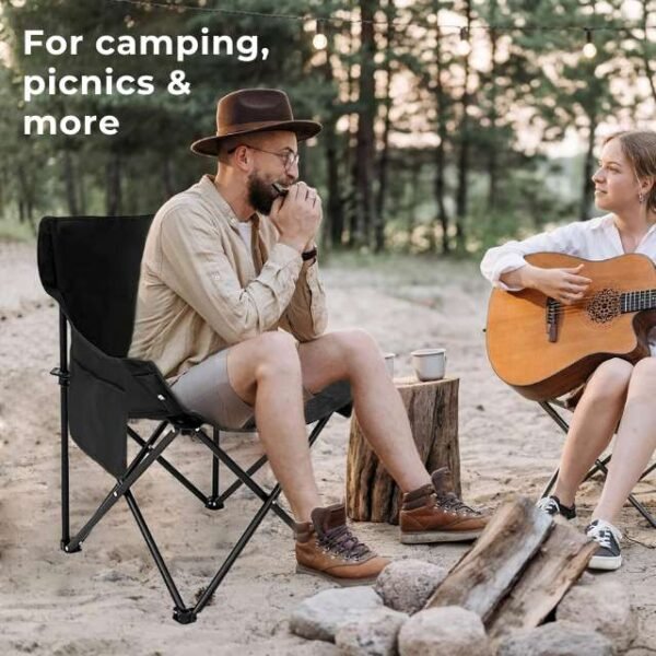 Man and woman enjoying outdoor camping with portable chairs.