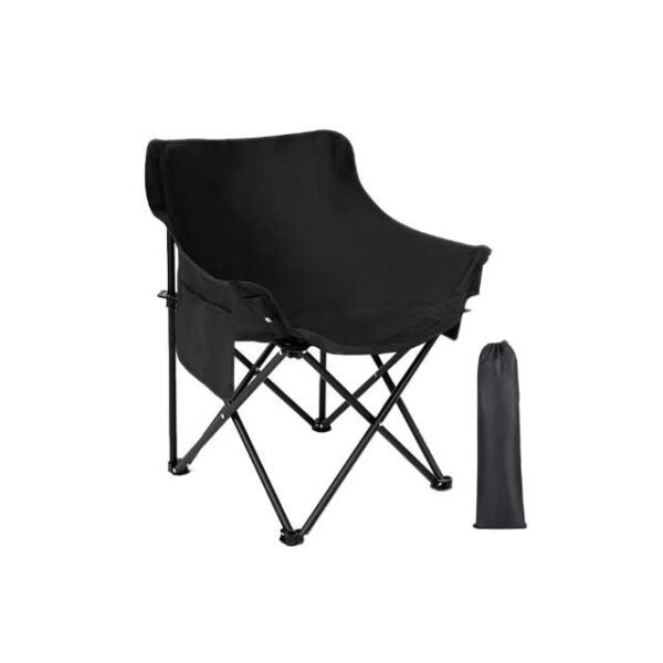 Portable camping chair with side storage pouch and carry bag.