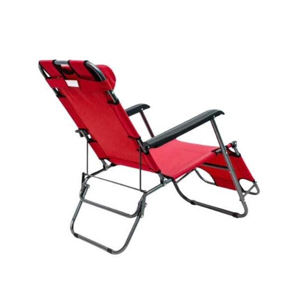 Back view of the red reclining chair with sturdy steel frame. Converts into a sun lounger or outdoor chair.