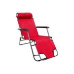 Red reclining chair for camping, garden, and patio. Foldable and compact with durable steel and polyester materials.