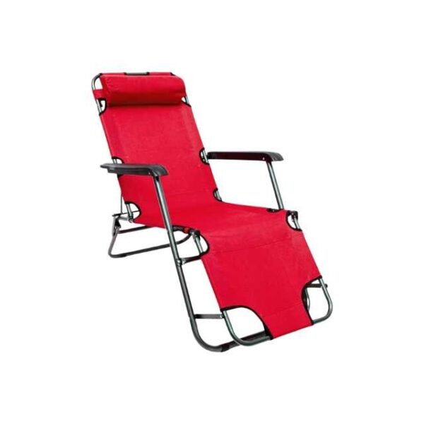 Red reclining chair for camping, garden, and patio. Foldable and compact with durable steel and polyester materials.