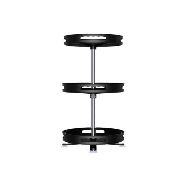 Rotating spice rack with 3 height-adjustable storage trays.