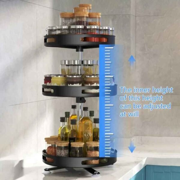 Rotating spice rack with adjustable inner height.