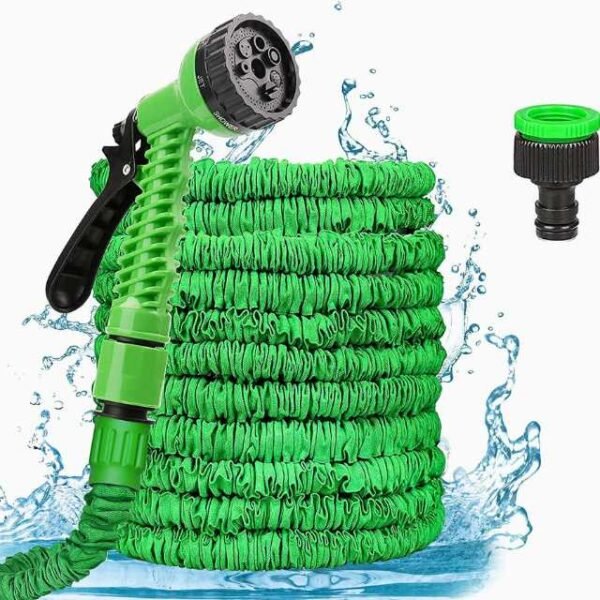 Expandable Magic Hose garden pipe with spray nozzle on a white background.