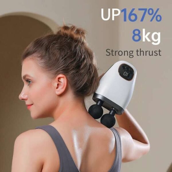 Double head massage gun targeting neck muscles for pain relief.