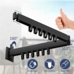 Rotating hooks and adjustable arms on foldable clothes drying rack.