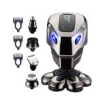 Bald head shaver kit with 7 trimming attachments on white background.