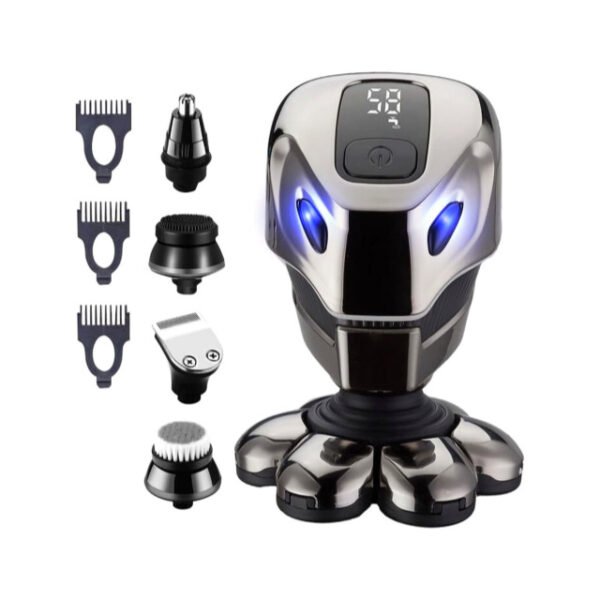 Bald head shaver kit with 7 trimming attachments on white background.