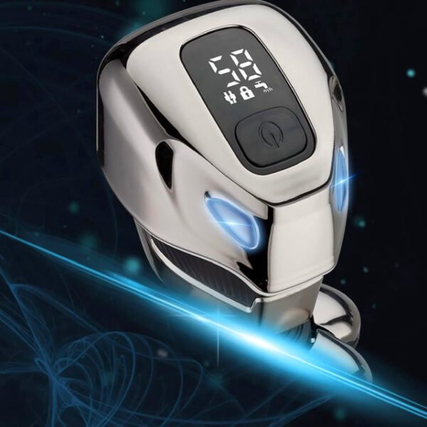 Sleek silver stainless bald head shaver with LCD screen and auto lock.