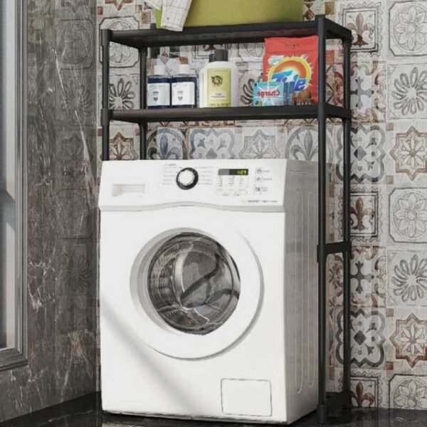 Black over the washing machine storage shelf with adjustable compartments.