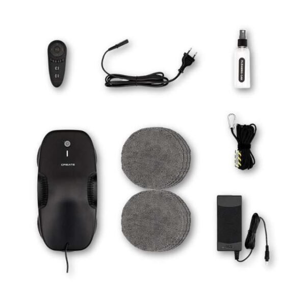 CREATE WipeBot window cleaning robot set includes cleaner, 6 mops, remote, and safety cable.