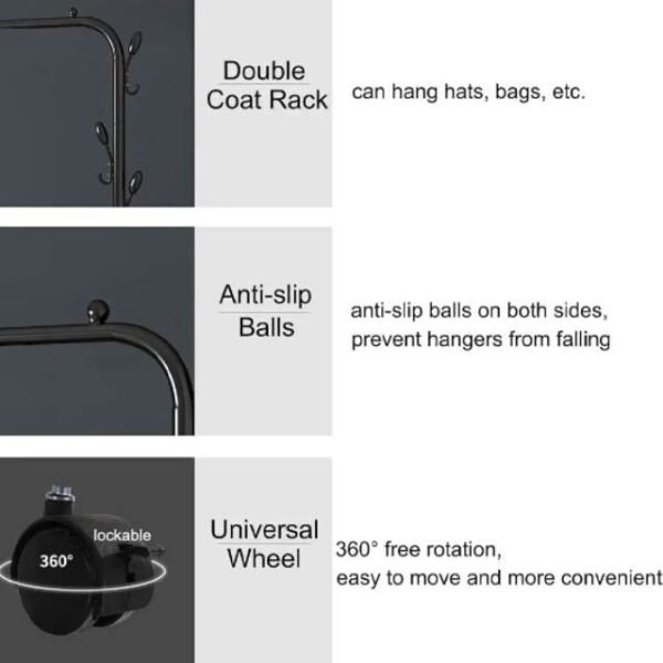 Top features of double clothes rack include coat hangers, anti-slip balls, and 360-degree rotating wheels.