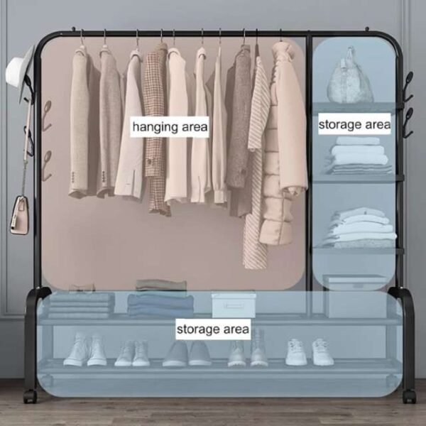 Double clothes rack showing sections for hanging clothes, side storage shelves, and lower shelves for shoes.