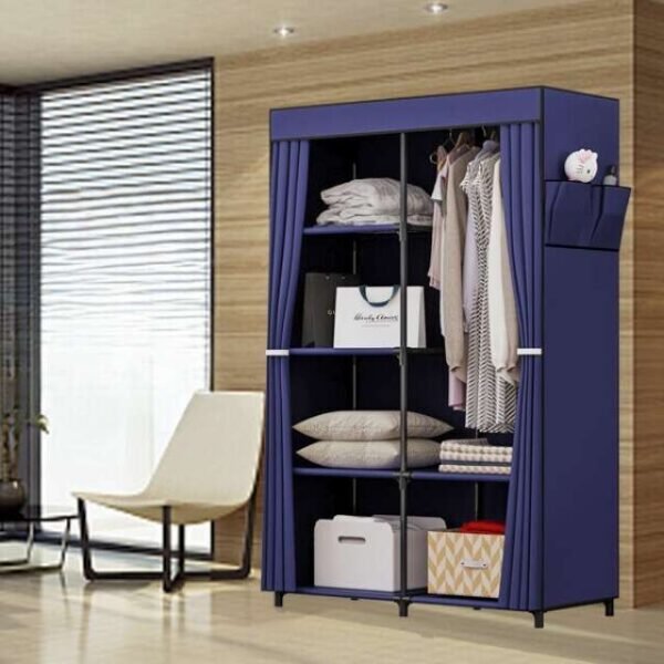 Versatile double clothes wardrobe with hanging boom and shelves.