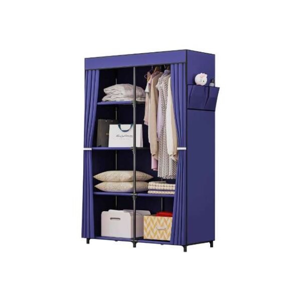 Double clothes wardrobe with shelves and hanging space for organized bedroom storage.