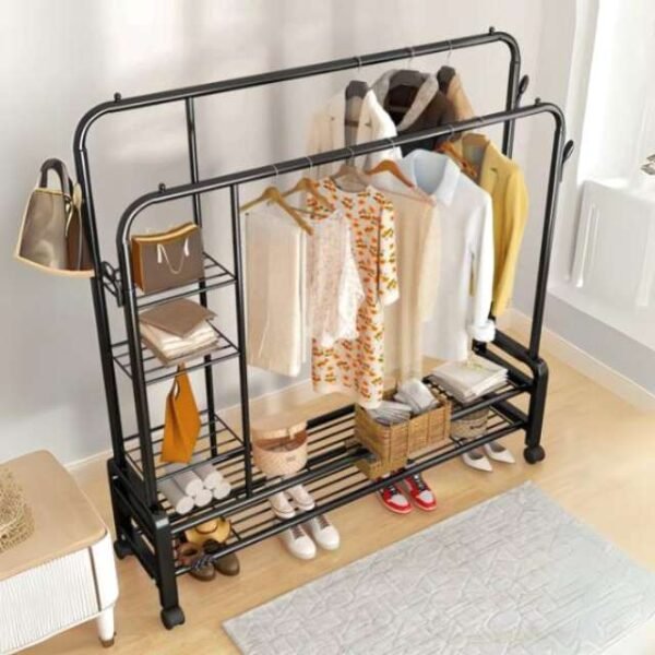 Elevated view of double clothes rack showing double pole design, shoe shelves, and hanging hooks.