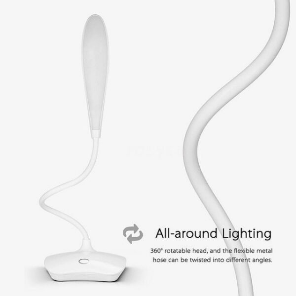 Flexible desk lamp with an adjustable metal rod for customized lighting.