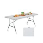 Folding picnic table in white for outdoor camping.