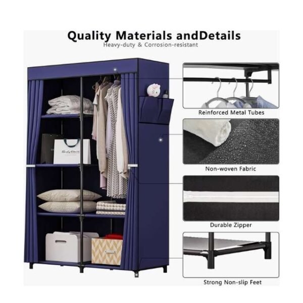 Durable large wardrobe with reinforced steel tubes and fabric cover.