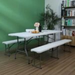 Indoor folding bench table used as a dinner table.