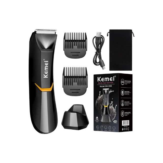 Kemei Precision Body Hair Trimmer With Clipper Combs, Charging Base, And Storage Pouch.