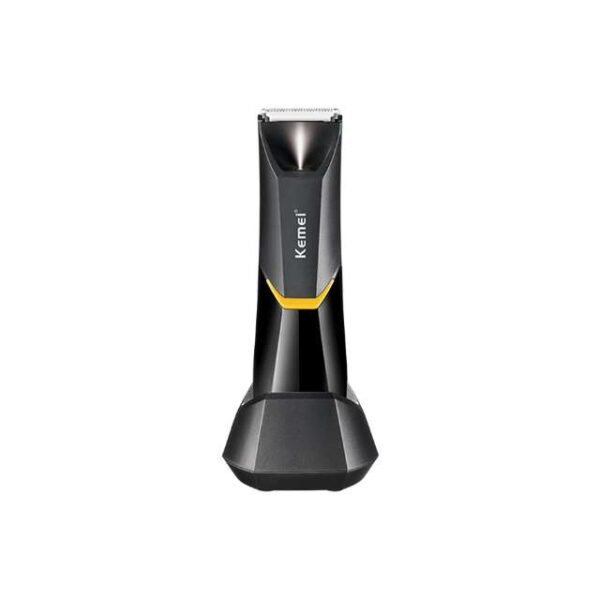 Kemei Body Hair Trimmer On Charging Base Showing Ergonomic Design And Rechargeable Capacity.