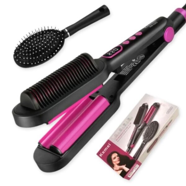 Kemei hair curler with comb and package on white background.