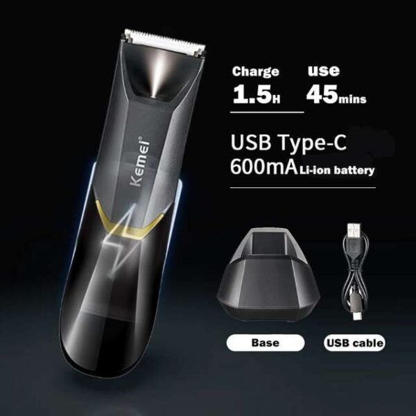 Kemei Hair Shaver With 600mAh Battery, 45-Minute Runtime, And Type-C Charging Cable.