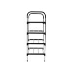 Modern shoe organizer with tubular metal pipes holding shoes, sneakers, and heels.