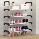 Modern 4-tier shoe stand with durable tubular metal pipes in a home corner.