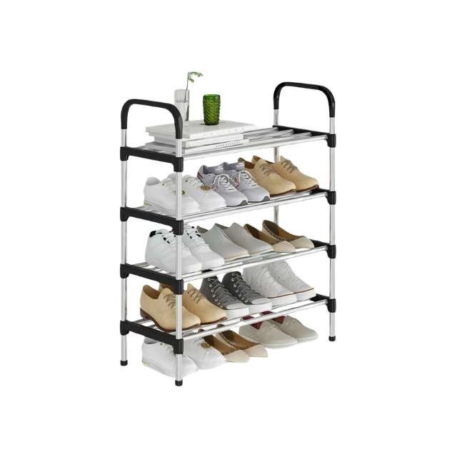 Metal shoe rack with 4 shelves in black for shoe storage.