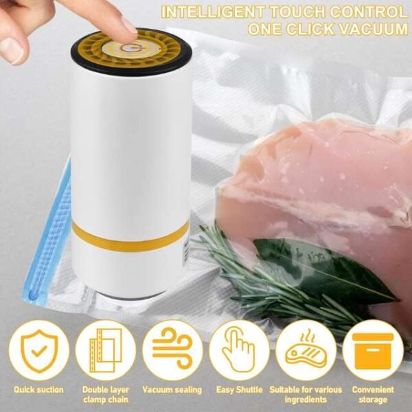 Mini vacuum sealer with intelligent one-button operation sealing bags instantly for freshness.