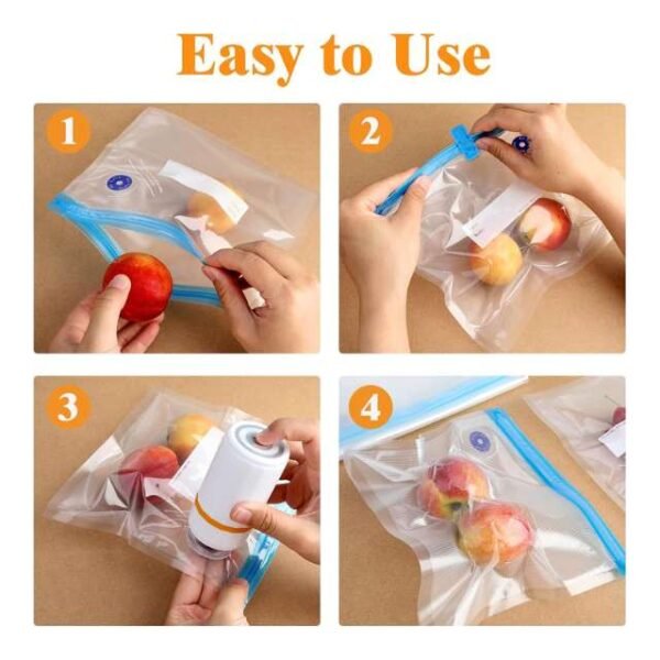 Mini vacuum sealer shown in four simple steps: insert food, close lid, vacuum, and preserve food for 5x longer.