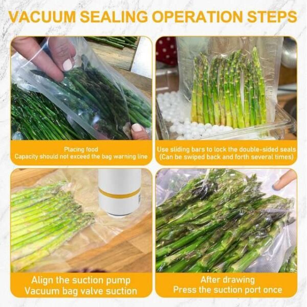 Operation steps of mini vacuum sealer: place food in bag, seal with sliding bar, align with suction valve, press suction port.