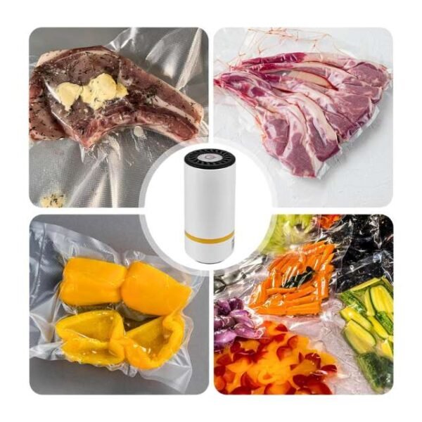 Mini vacuum sealer preserving meat, vegetables, fruit, nuts, and herbs 5x longer than normal storage methods.