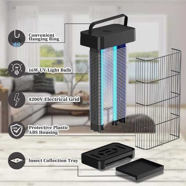 Top features of mosquito killer lamp with UV light and collection tray.