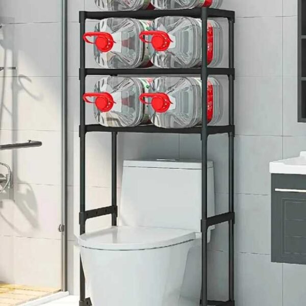 Over toilet storage stand showing durability with steel pipes under pressure.