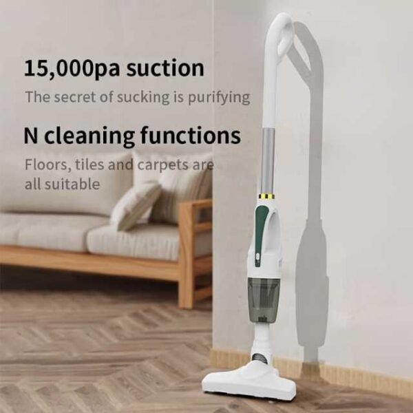 Powerful suction stick vacuum cleaner with 15,000 Pa suction for floors, tiles, and carpets.